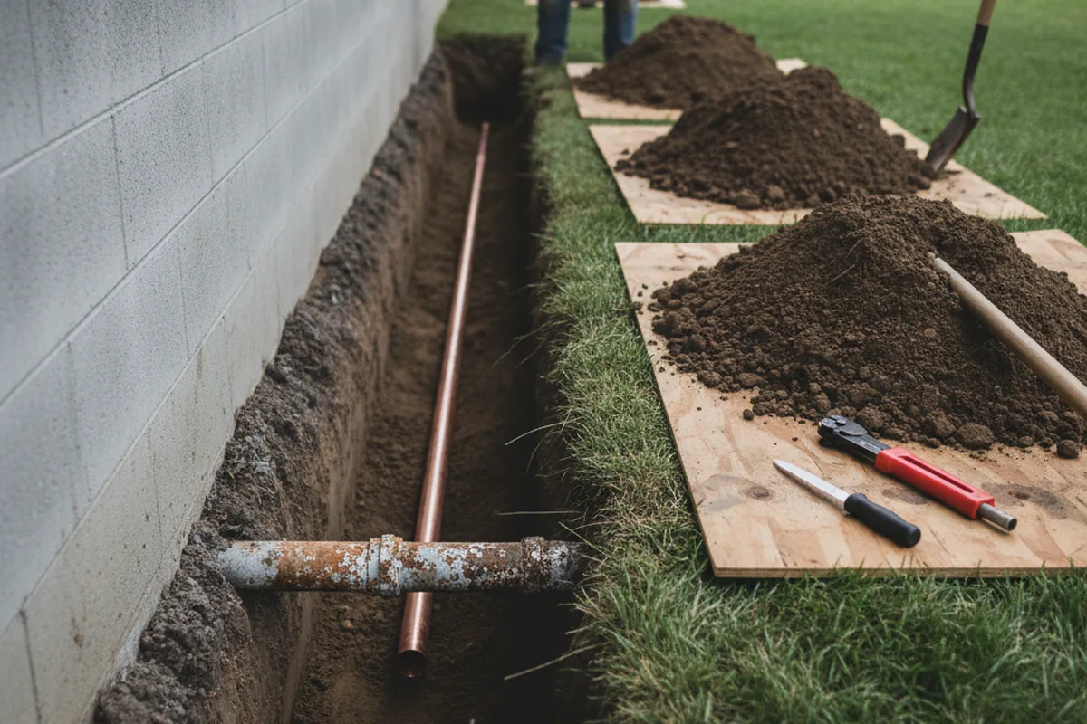 Excavated water line trench during Water Softener Installation in Upton